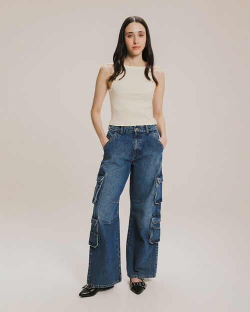 Jeans Wide Leg Cargo Azul
